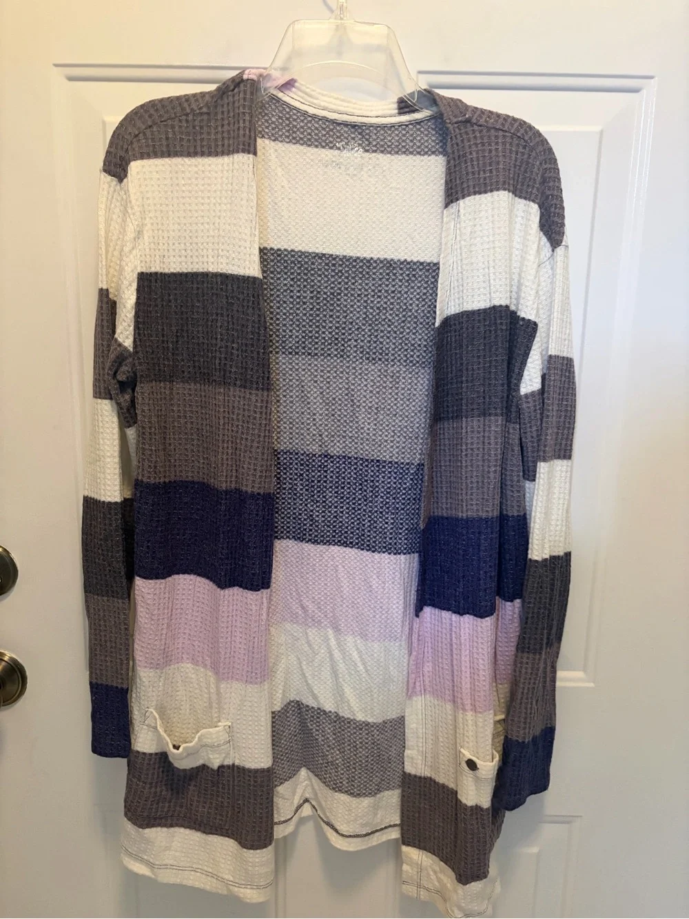 Striped Open-Front girls 18 plus cardigan  Sweater - Gray, Navy & Pink